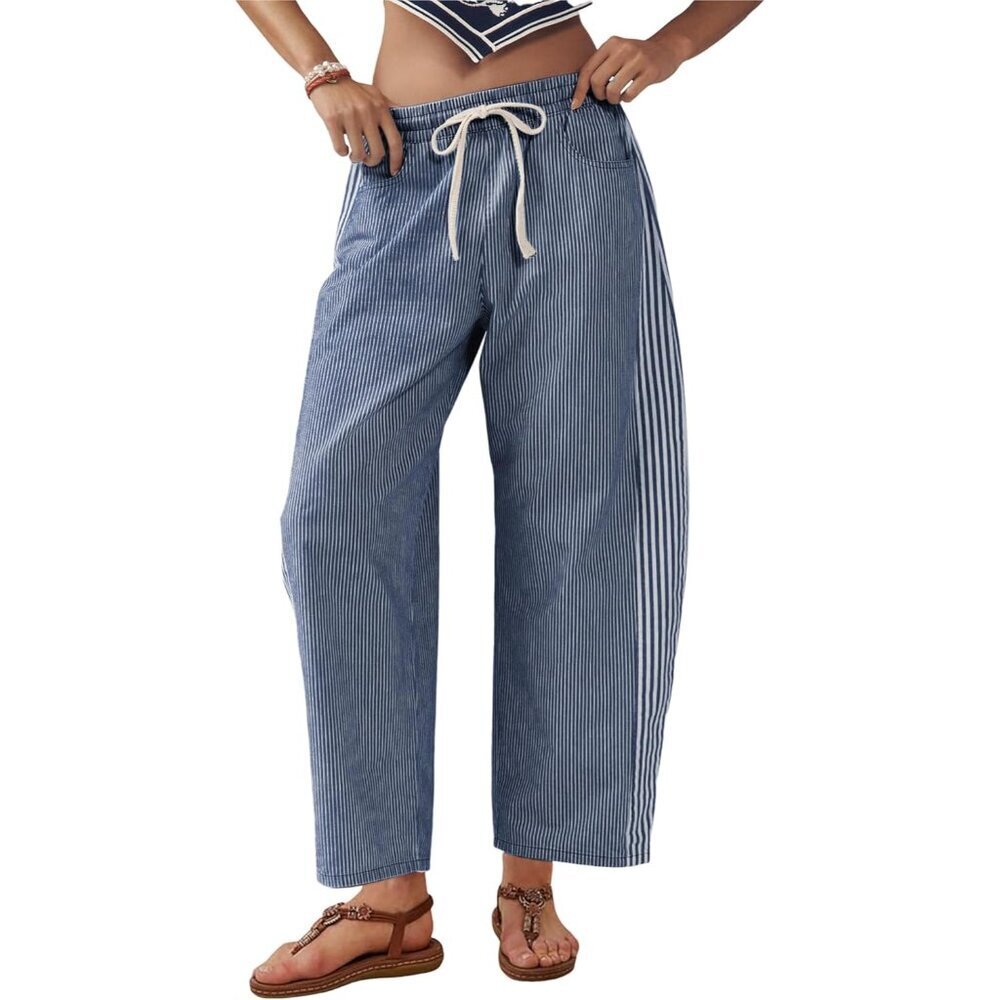 Women's Cotton Wide Leg Jeans Mid Rise Casual Stripe Ankle Pants